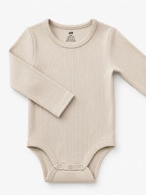 H&M Organic Cotton Long-Sleeve Ribbed One-Piece Bodysuit in Beige